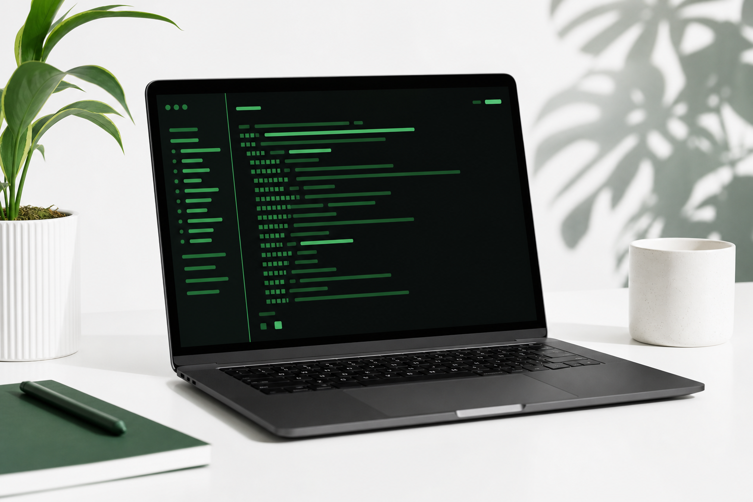 A laptop running an abstract green command line interface